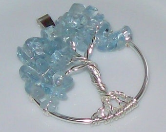 Tree of Life Pendant Necklace - Aquamarine - Wire Wrapped Silver - Medium Size - March Birthstone