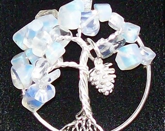 Tree of Life Pendant Necklace -Winter Wonderland - Moonstone Opalite - Wire Wrapped Silver - Medium Size - Sterling Silver Pinecone