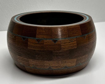 Wooden Lathe Turned Segmented Walnut Bowl, Turquoise Accents, Colored Inlay, Coffee Table Centerpiece, Art, Decorative, Hand-Made