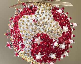 Large 4.5 inch Handmade Sequin Ornament, Red Silver Beaded Ornament Holiday Ornament Holiday Gift, Sun Catcher, Home Decor/Designer Ornament