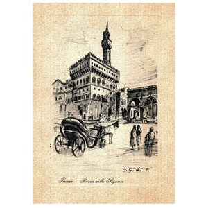 Vintage Piazza della Signoria Firenze Italy Etching