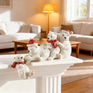 Christmas Polar Bear Resin Figurine – Reaching Bear by Lake, Winter Tabletop Decor