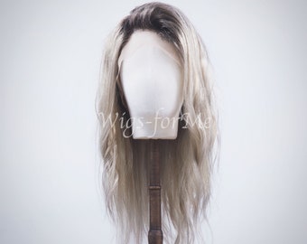 Summer, pale blonde with dark brown roots wig, European human hair , silk base on top , lacefront