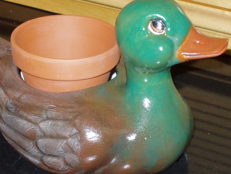 Ceramic Mallard Duck Flower Pot Handcrafted Hand Painted With Terra Cotta Flower Pot