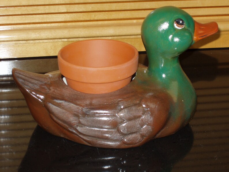 Ceramic Mallard Duck Flower Pot Handcrafted Hand Painted With Terra Cotta Flower Pot