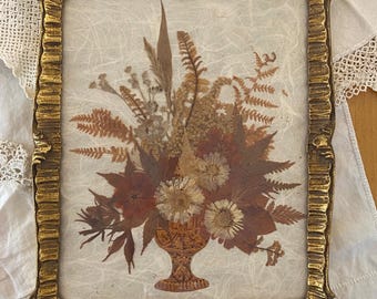 Vintage Dried Pressed Flower Picture 1970s Browns and Neutrals in Gold Frame