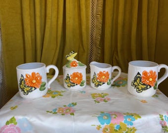 Vintage Sears Bewitching Butterfly Creamer and Sugar Bowl and Cups 1970s