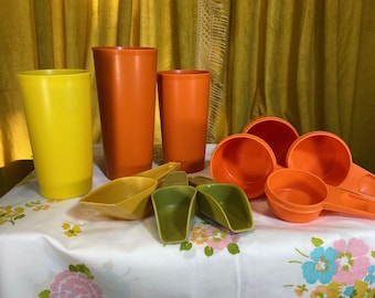 Tupperware Tumblers, Scoops, Measuring Cups Brick Orange and Harvest Gold