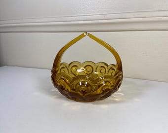 Vintage Glass L.E. Moon and Star Footed Split Handled Basket in Amber