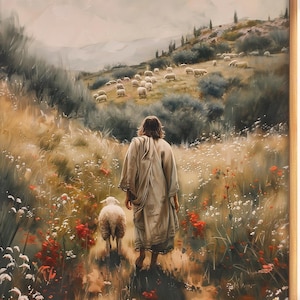 Jesus leaves the 99 wall art printable, Jesus Good Shepherd art , Jesus painting, Bible art, Christian gift,  digital download