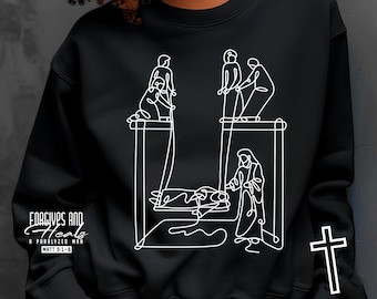 May include: Black crewneck sweatshirt featuring a white line art illustration of a religious scene with figures and a cross. The text "FORGIVES AND HEALS" and "MATT 9-1-8" are also visible. The words "ONLY DIGITAL DOWNLOAD" and "INSTANT DOWNLOAD" are also visible.