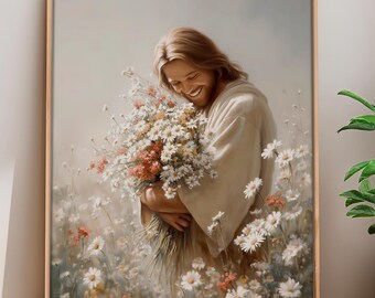 Jesus with wildflowers wall art printable, Religious art, Christian Gift, Jesus Painting, Modern Christian, digital download