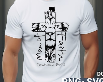 May include: Black and white graphic design of a lion's head inside a cross with the words "Faith" and "Man of" on either side of the cross. The text "Corinthians 16:13" is below the cross.