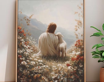 Jesus leaves the 99 Christian wall art: Lost Sheep, Good Shepherd, Bible Verse  (digital download)
