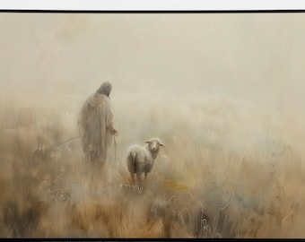 Jesus the Good Shepherd wall art, Modern Christian, foggy Digital  art, Parable of the Lost Sheep, Leaves the 99, digital download