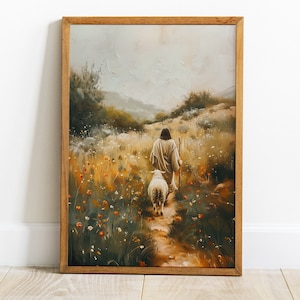 Jesus Leaves The 99, Parable of The Lost Sheep, Good Shepherd, Watercolor Painting, boho wall art, Religious Gift, digital download