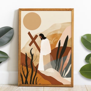 Jesus Christ Carrying the Cross ,digital print, Jesus Crucifixion Bible Printable Wall Art, Modern Bible art, boho Christian art download