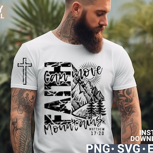 May include: Black and white graphic design with a cross, mountains, and the text "Faith can move mountains Matthew 17:20".