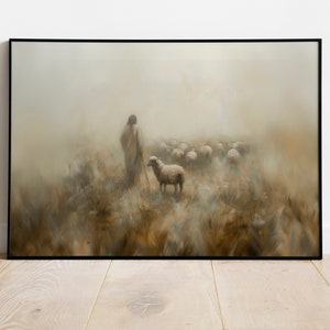 Jesus Leaves The 99 digital art, Parable of The Lost Sheep, Modern Christian Art, Good Shepherd foggy art,  digital download
