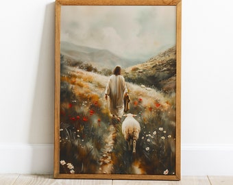 Jesus Christ Leaves The 99 Poster, Lost Sheep Parable Wall Art,  Christian boho, digital download
