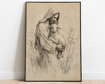 Jesus Leaves The 99 bible sketch wall art, digital print, Parable of The Lost Sheep wall art print, Good Shepherd, Jesus art, bible poster