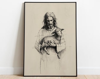 Jesus Leaves The 99, Parable of The Lost Sheep, Bible sketch, Good Shepherd, Jesus Painting, Digital Print, Religious, digital download