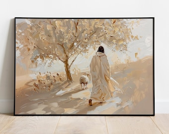Jesus Leaves The 99, Parable of The Lost Sheep, Jesus Wall Art, Good Shepherd, Jesus Christ Painting, Scripture Wall Art , digital download