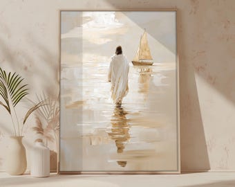 Walk on water minimalist wall art printable , Modern Christian, Bible poster, Jasus Painting, digital download