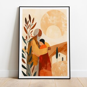 Puede incluir: Una ilustraci&oacute;n abstracta de una persona mayor con barba blanca y una persona m&aacute;s joven abraz&aacute;ndose. El fondo es una paleta de colores c&aacute;lidos y terrosos con un gran sol abstracto y una peque&ntilde;a casa.