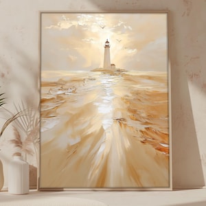 May include: A painting of a white lighthouse on a sandy beach with a golden light shining down on it. The sky is a light blue with white clouds.