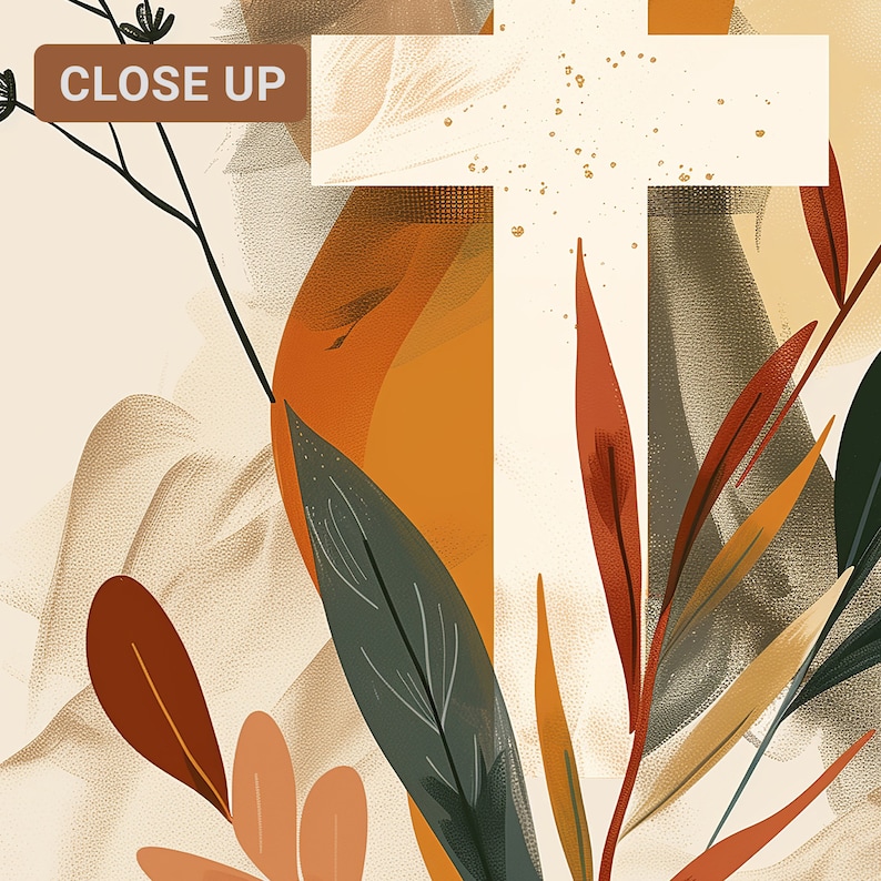 Puede incluir: Impresi&oacute;n de arte abstracto con una cruz blanca con motas doradas, rodeada de hojas estilizadas en tonos naranja, marr&oacute;n y verde. El texto "CLOSE UP" est&aacute; en la esquina superior izquierda.