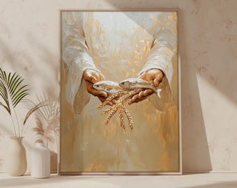 Jesus Feeds the 5000 wall art, DIGITAL PRINT,Jesus Art, Bible verse art, Modern Christian, 5 Bread and 2 Fish, Christian Gift, digital art