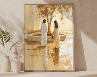 Woman at the well digital download, Samaritan woman and Jesus wall art, Bible Printable Wall Art,  Modern Christian Poster, digital download