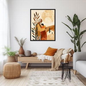 Puede incluir: Una ilustraci&oacute;n enmarcada de dos personas abraz&aacute;ndose frente a una casa y un gran sol. La ilustraci&oacute;n es de estilo minimalista con colores apagados de marr&oacute;n, naranja y amarillo.