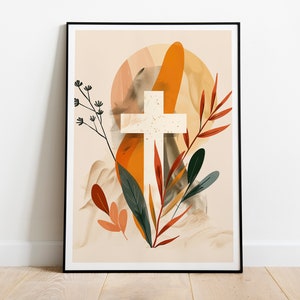 Puede incluir: Una cruz blanca con un dise&ntilde;o simple est&aacute; rodeada de follaje abstracto en tonos naranja, marr&oacute;n y verde. El fondo es de un beige suave.