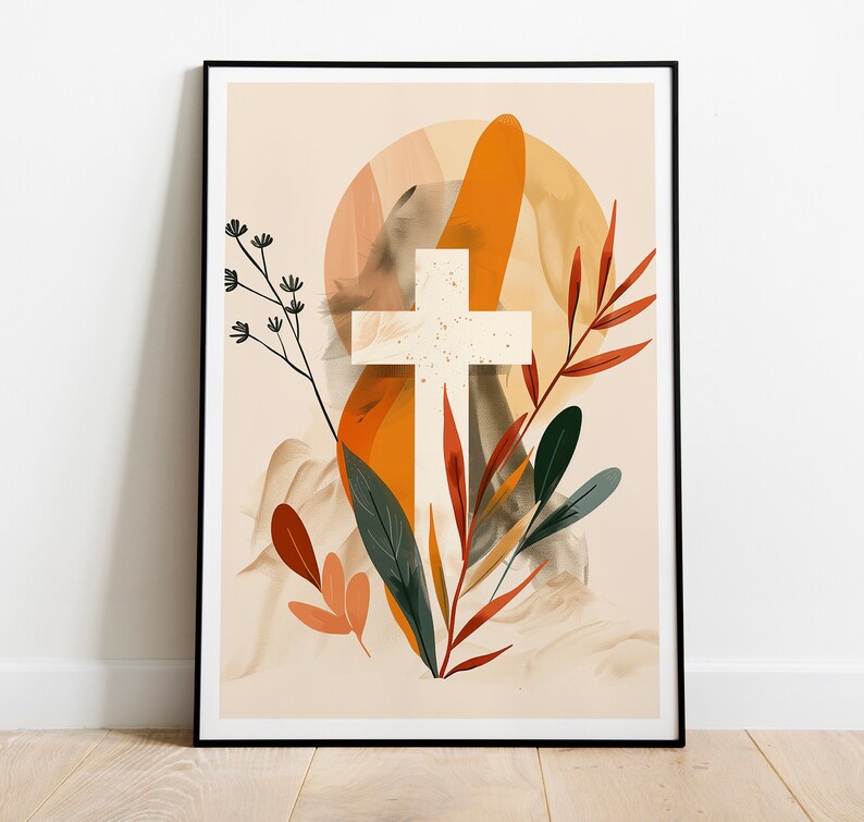 Puede incluir: Una cruz blanca con un dise&ntilde;o simple est&aacute; rodeada de follaje abstracto en tonos naranja, marr&oacute;n y verde. El fondo es de un beige suave.