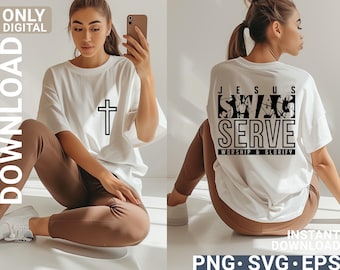 May include: Two white t-shirts with different designs. One shirt has a cross graphic and the other has the text "JESUS SWAG SERVE WORSHIP & GLORIFY".