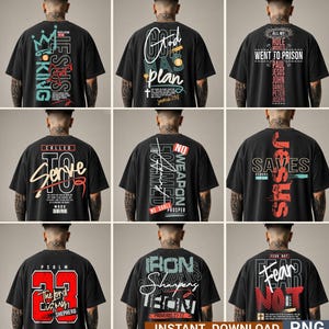 May include: A collection of nine black t-shirts featuring various Christian-themed graphic designs on the back. Each shirt displays unique typography, religious quotes, and artistic elements in colors including white, red, blue, and teal.