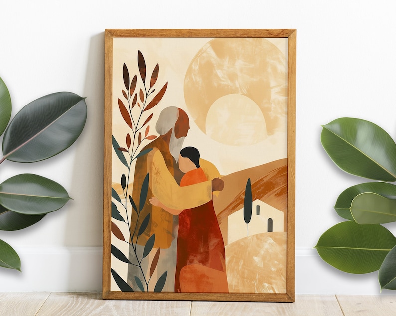 Puede incluir: Una ilustraci&oacute;n digital de una persona mayor con barba y una persona m&aacute;s joven abraz&aacute;ndose en un campo con una peque&ntilde;a casa y un gran sol de fondo. La ilustraci&oacute;n est&aacute; realizada en un estilo minimalista con colores apagados de marr&oacute;n, amarillo, naranja y rojo.