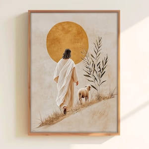 Boho Christian Minimalist wall art Jesus leaves the 99 Printable, Bible verse, Faith art, Religious Gift, digital download