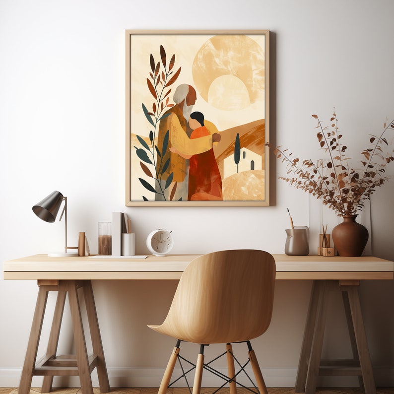 Puede incluir: Una impresi&oacute;n de arte digital que presenta una ilustraci&oacute;n abstracta de dos personas abraz&aacute;ndose frente a un paisaje estilizado. El fondo incluye un sol amarillo grande y redondo y una peque&ntilde;a casa blanca. La impresi&oacute;n est&aacute; enmarcada en un marco de madera marr&oacute;n claro.