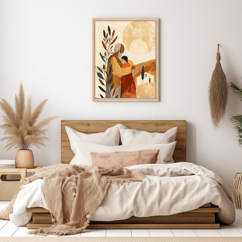 Puede incluir: Una ilustraci&oacute;n enmarcada de dos personas abraz&aacute;ndose frente a una casa y una colina. La ilustraci&oacute;n es de estilo minimalista con colores apagados, incluyendo marr&oacute;n, naranja y beige.