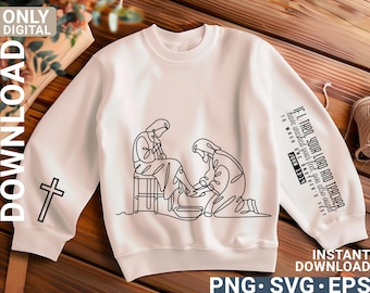 May include: White sweatshirt featuring a black line art illustration of a biblical scene. The design includes text on the sleeve and the word "DOWNLOAD" vertically on the left sleeve. A cross is also on the left sleeve.
