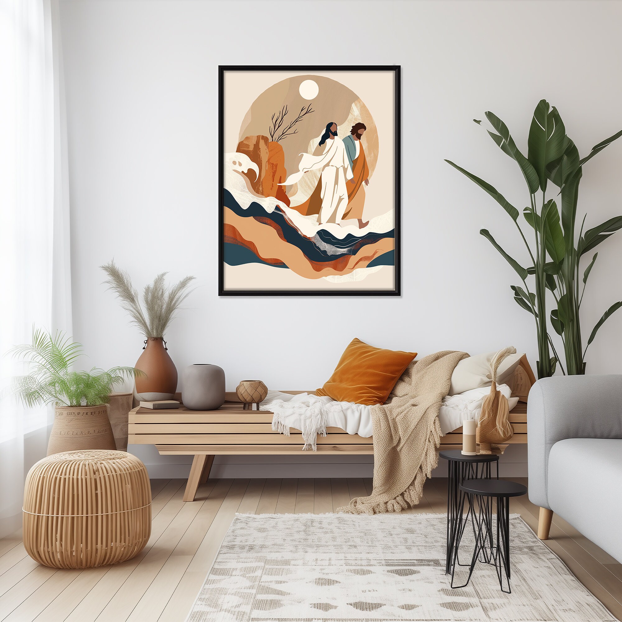 Jesus and Peter Walk on Water, Boho Christian Art, Jesus Art, Bible Art ...