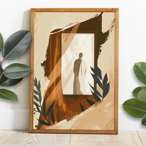 Puede incluir: Impresión de arte abstracto con una persona de pie en una puerta con un esquema de color marrón y beige. La impresión está enmarcada en un marco de madera natural.