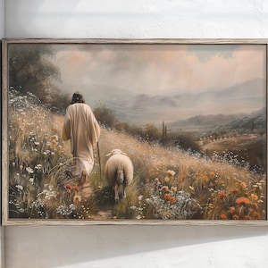 May include: A painting depicting a figure in a white robe walking through a field, with a white sheep following behind. The field is filled with wildflowers, and the background is a hazy landscape.
