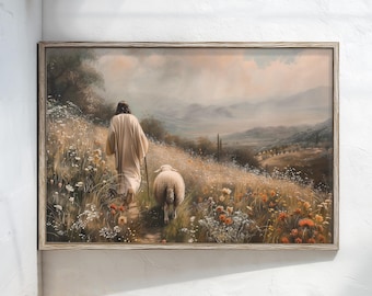 Jesus Leaves the 99 Sheep, Jesus Landscape Wall Art, Christian Landscape Art, Jesus and lamb Wall Art,  Christian art, digital download