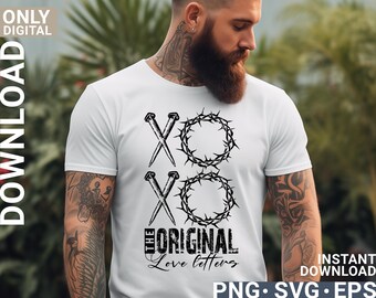 May include: A white t-shirt with a black graphic design featuring a crown of thorns and nails forming the letters "XO" with the text "The Original Love Letters" underneath.