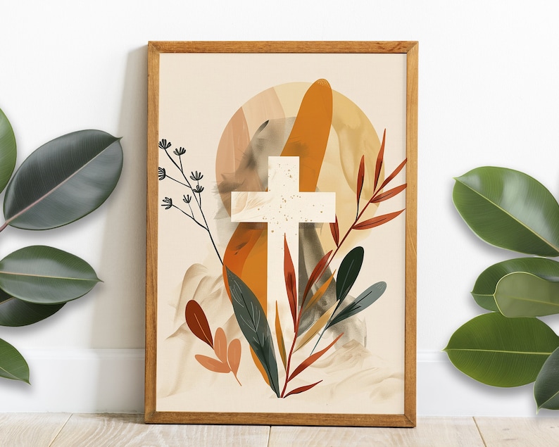 Puede incluir: Una cruz blanca con una superficie texturizada est&aacute; rodeada de follaje abstracto en tonos naranja, marr&oacute;n y verde. El fondo es beige claro con un sutil efecto acuarela.