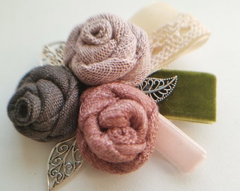 Broche de lino, broche de tela, broche textil, broche de vestido, joyería de tela, broche de flores, regalo para ella